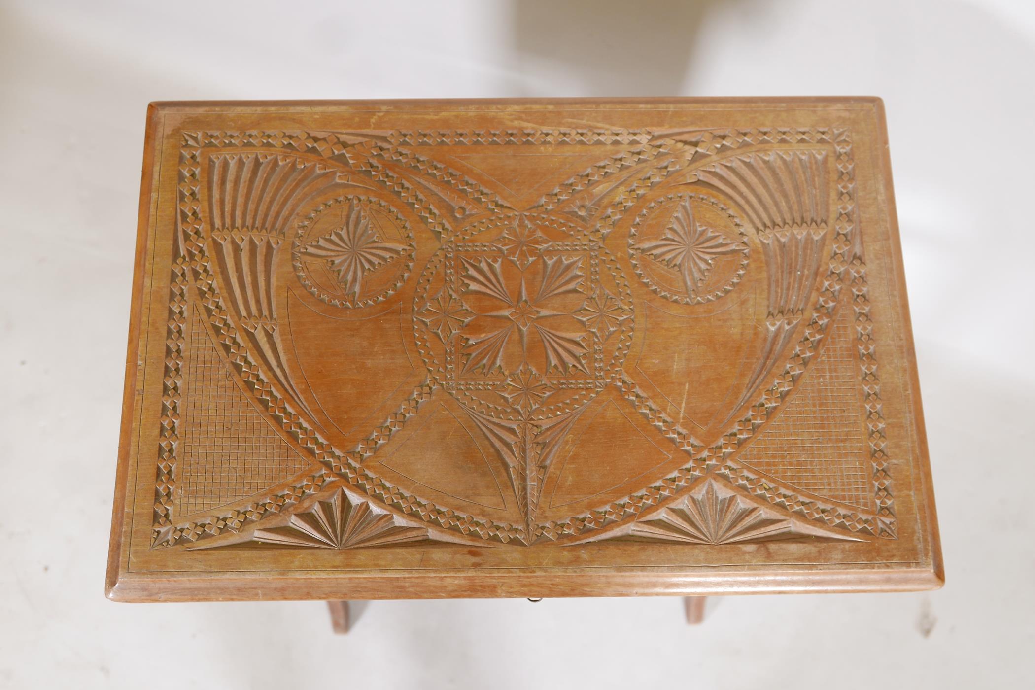 A satin walnut canterbury with carved Moorish Liberty style decoration and single drawer, A/F, - Image 2 of 4