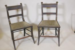 A pair of C19th American Baltimore painted and parcel gilt side chairs, raised on sabre supports