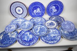 A collection of English blue and white transfer printed plates, mainly C19th, largest 10" diameter