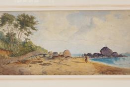 A beach scene with figures, watercolour, 15" x 6½"