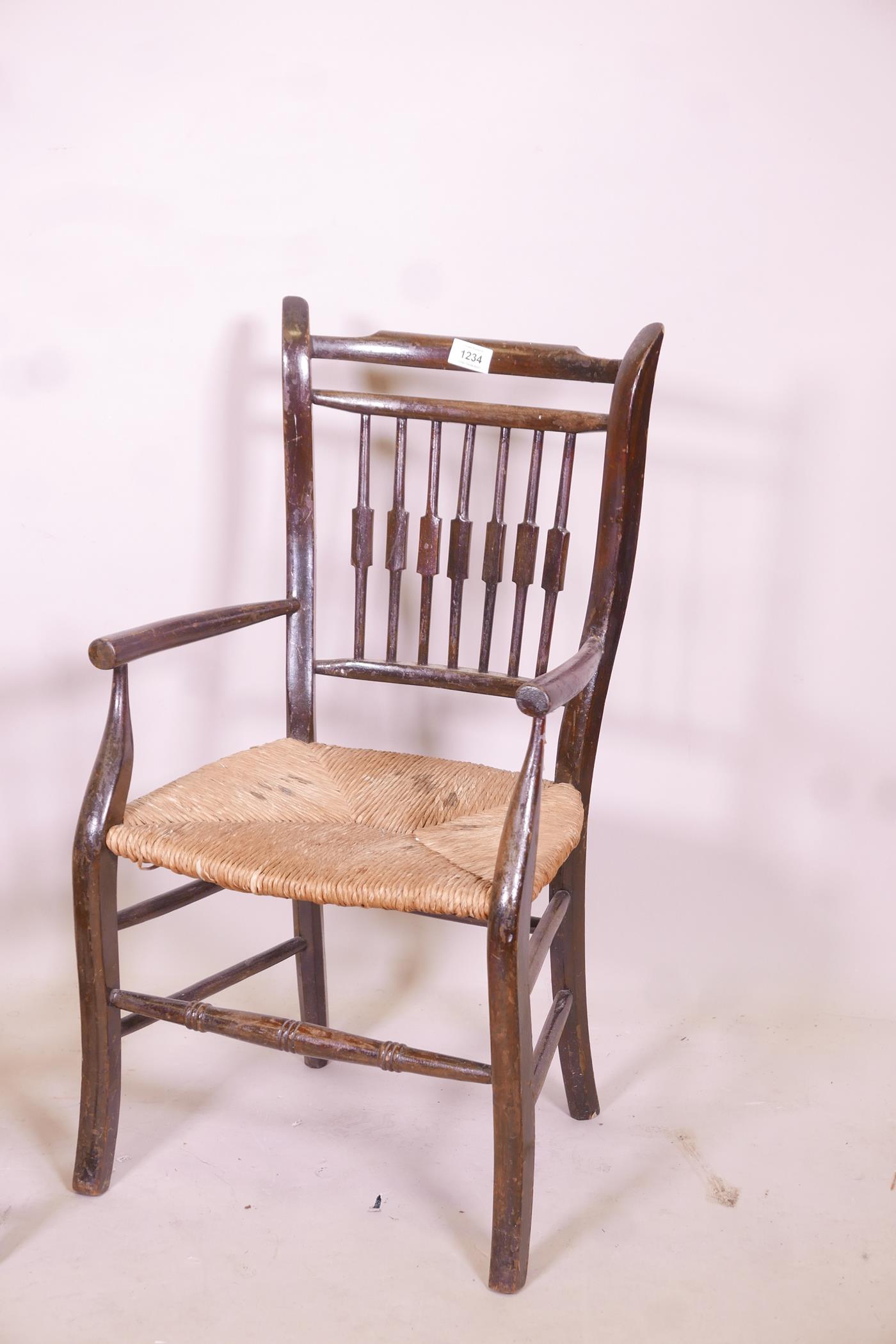 A child's William Morris style rush seated elbow chair, and another smaller - Image 2 of 3