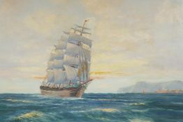 George Furst, German, three masted ship at full sail, oil on canvas, 27" x 23"