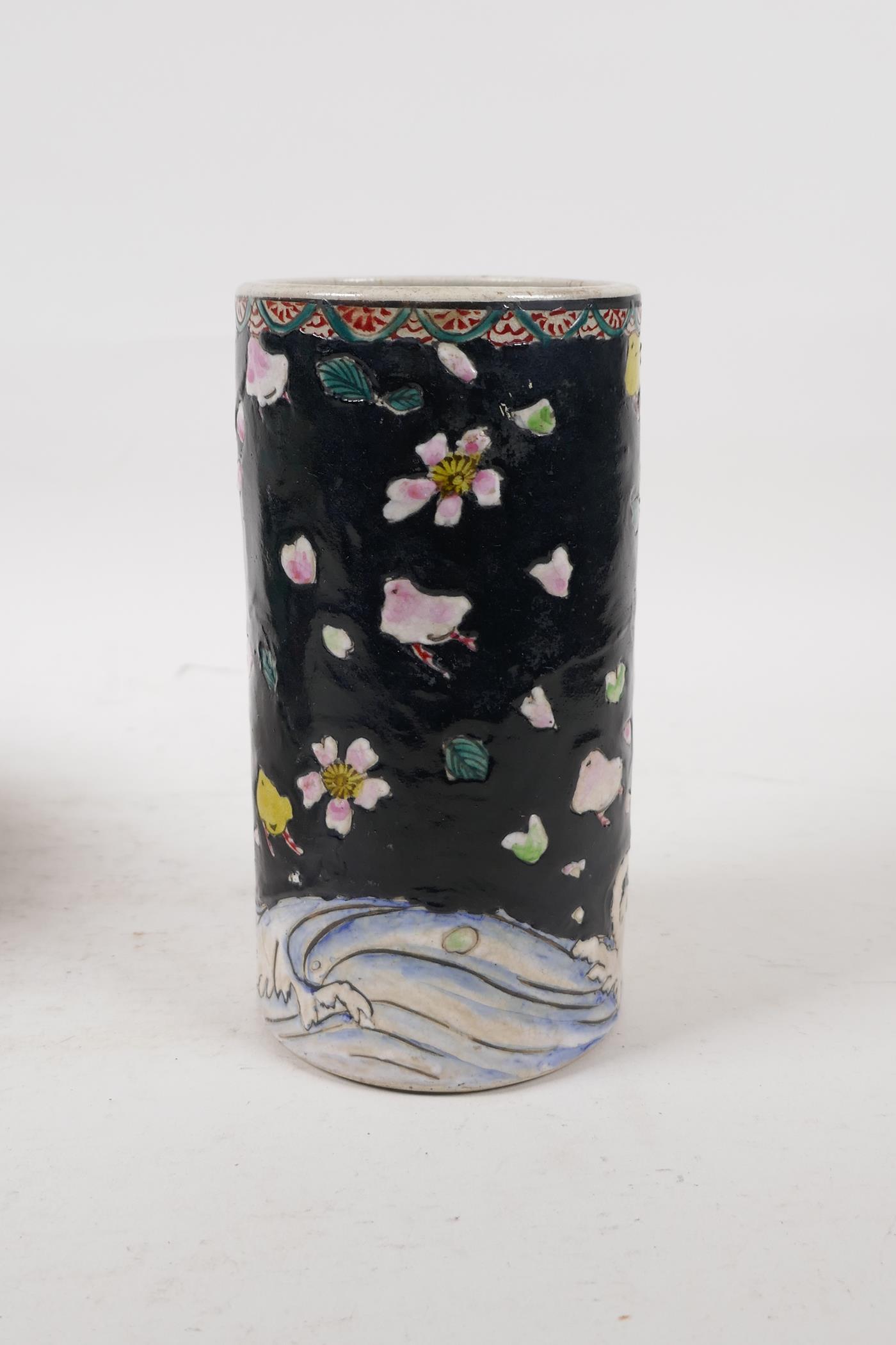 An oriental antique famille noir pottery brush pot decorated with birds and blossom, and a famille - Image 3 of 9