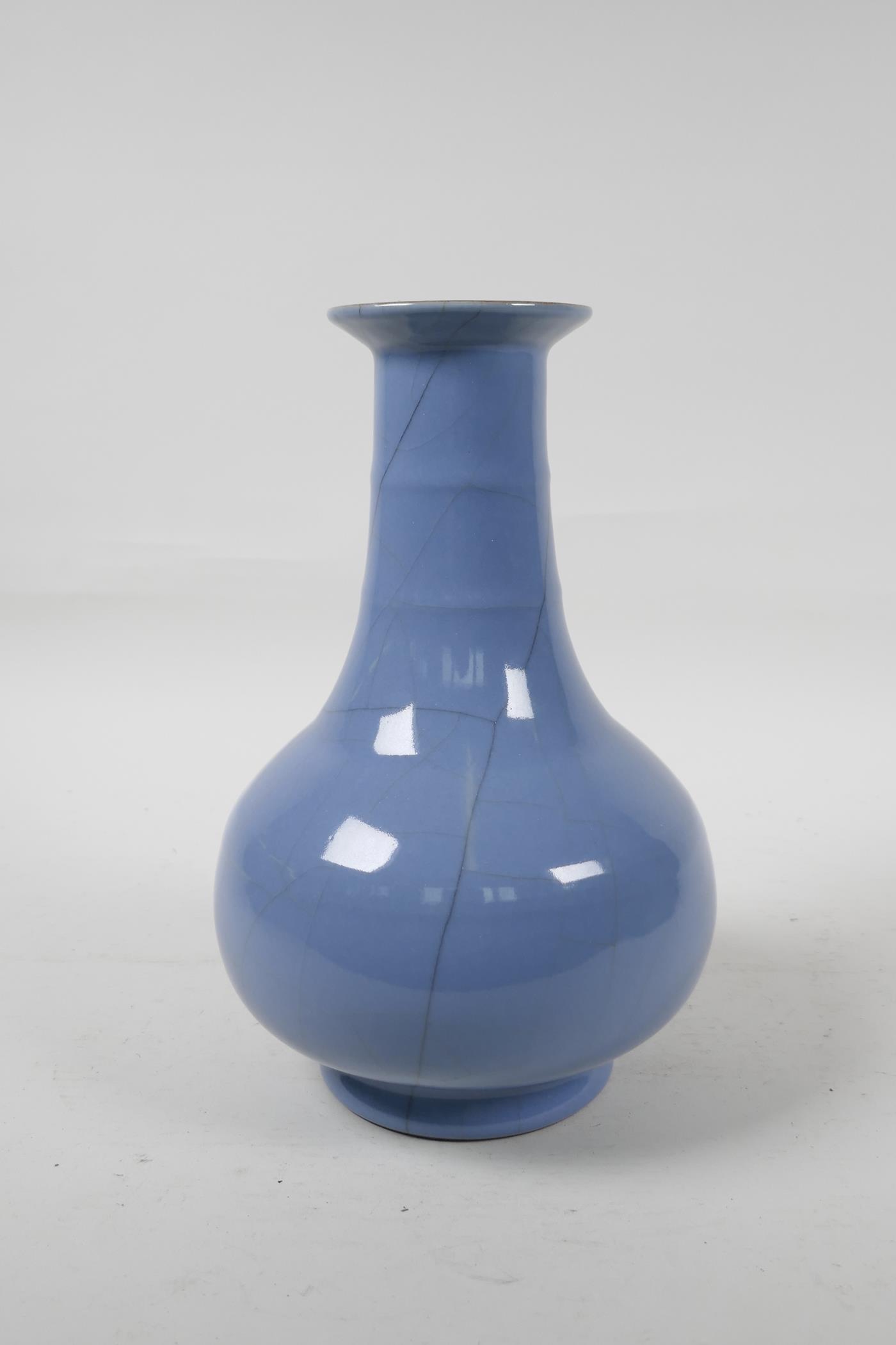 A Chinese blue crackleglaze vase with ribbed neck, 9" high - Image 3 of 4