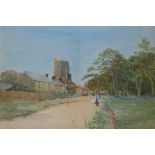 W. Tatton Winter, village scene with church, watercolour, inscribed verso 'The Moor Church,