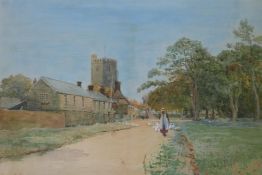 W. Tatton Winter, village scene with church, watercolour, inscribed verso 'The Moor Church,