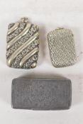 Two silver plated vesta cases, 2" long, and an antique pewter snuff with delicate engraved floral