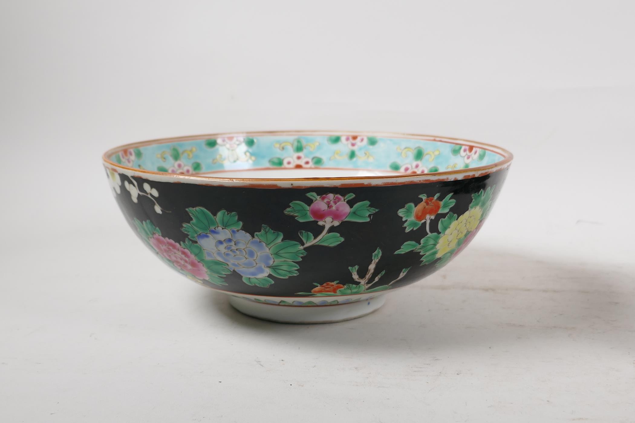 An oriental antique famille noir pottery brush pot decorated with birds and blossom, and a famille - Image 7 of 9