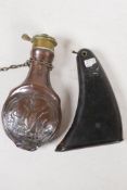 An C18th horn shot flask, 6" long, together with a C19th copper and brass powder flask