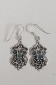 A pair of 925 silver Art Nouveau style drop earrings with floral decoration, 1" drop