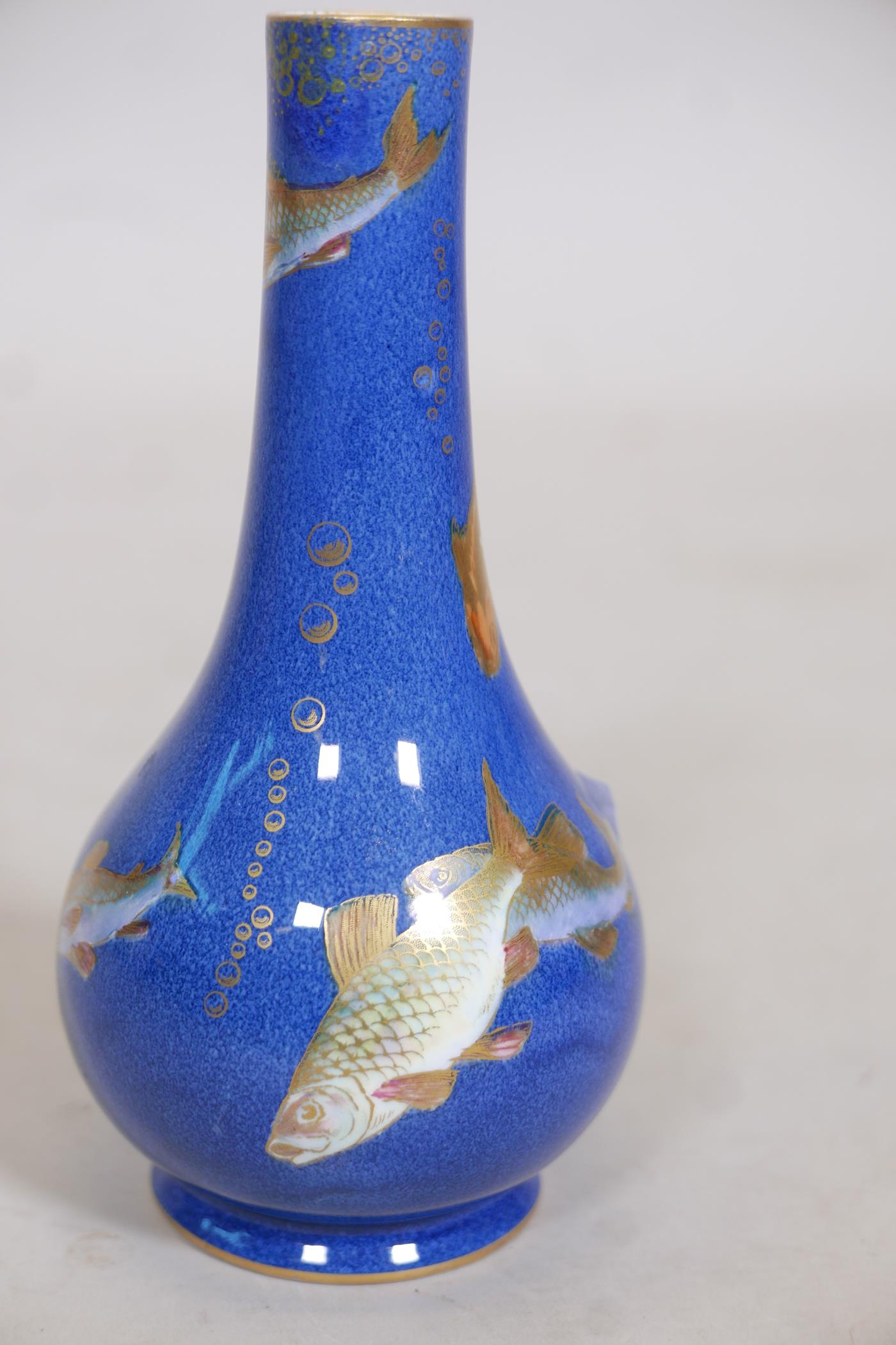 A Wedgwood lustre fish vase with design after Daisy Makeig Jones, A/F restoration to neck, 8" high