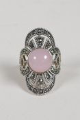 An Art Deco style 925 silver dress ring with a central set rose quartz and marcasite, size N/O