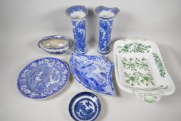 A quantity of C19th blue and white pottery A/F, and a green and white serving tureen