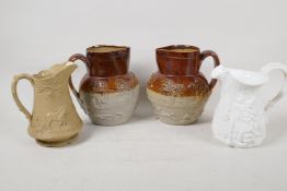 A C19th pottery jug embossed with hunting figures and fruiting grape vine, lozenge mark to base, 5½"