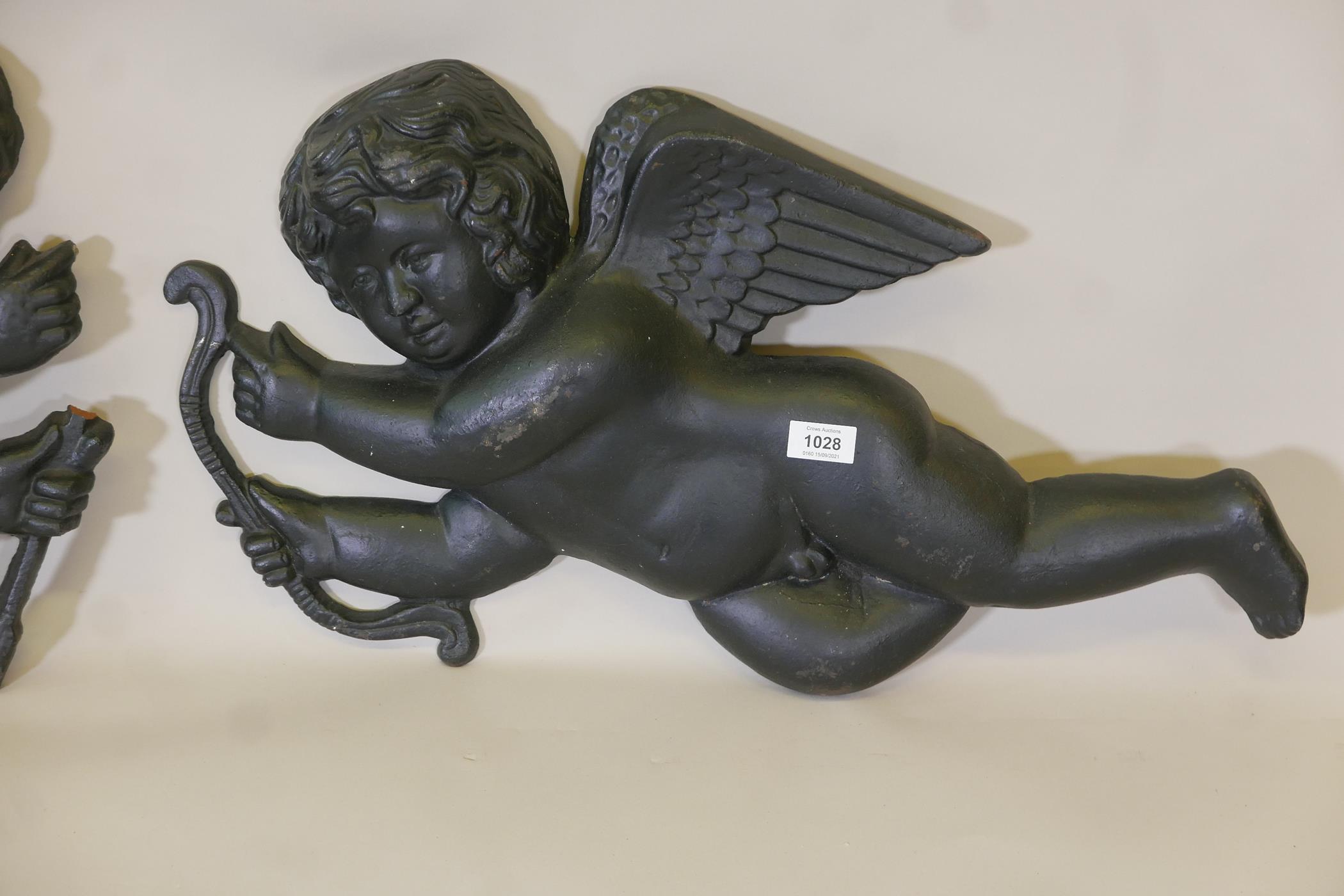 A pair of painted cast iron wall plaques in the form of cherubs, A/F, 28" long - Image 3 of 5