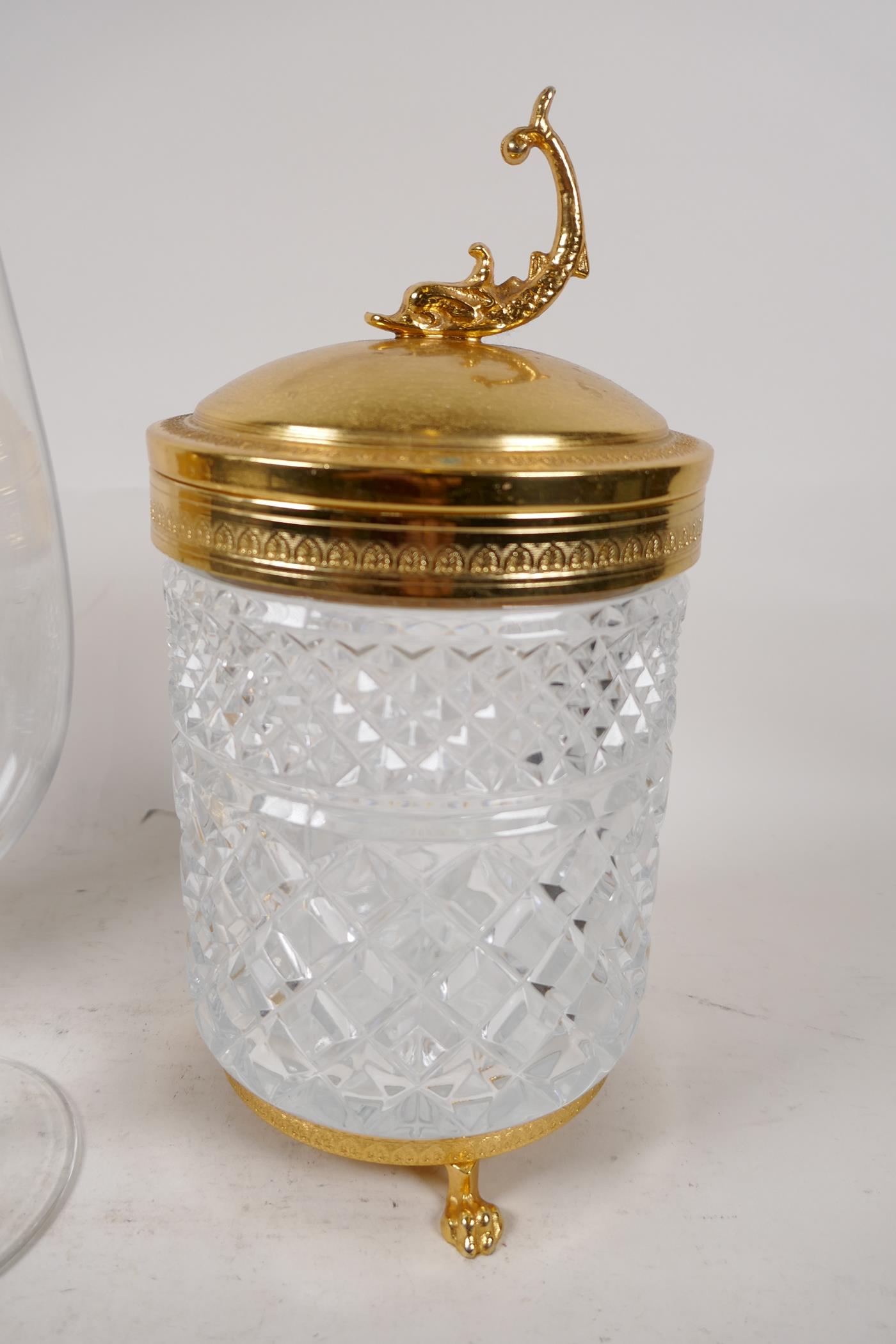 An Italian cut glass and gilt metal biscuit barrel, the cover with dolphin handle, 9" high, a - Image 2 of 3