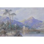 Cornelius Pearson, lake scene with highland mountains, watercolour heightened with white, signed and