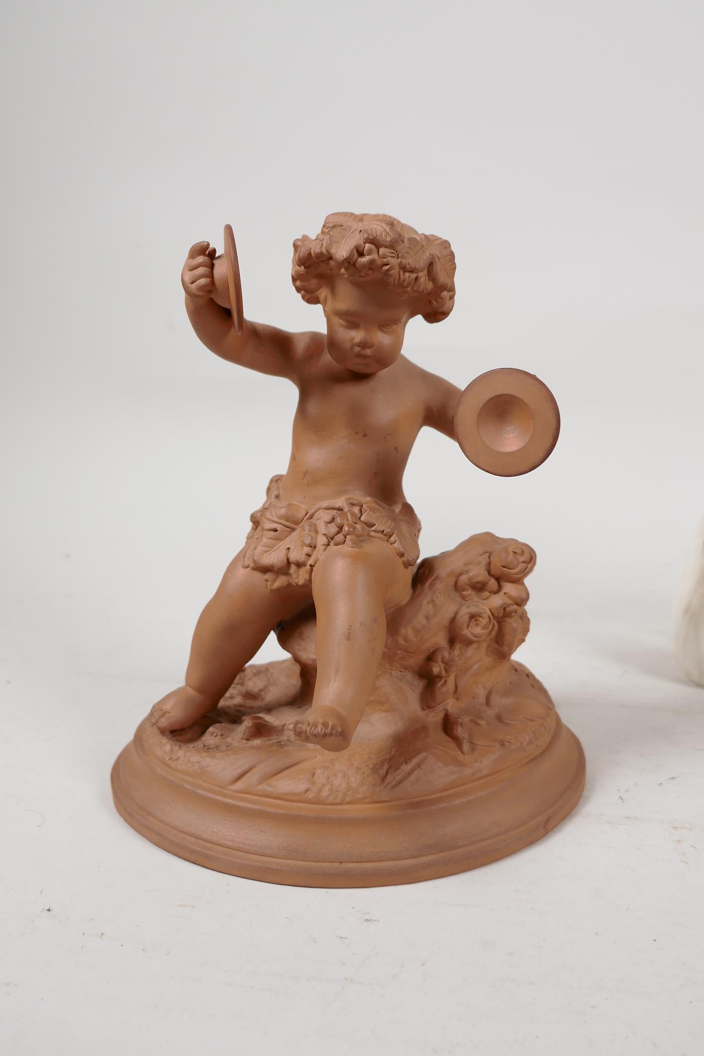 A mid C20th Watcombe pottery terracotta figure of a putti playing cymbals, together with a Beswick - Image 2 of 8