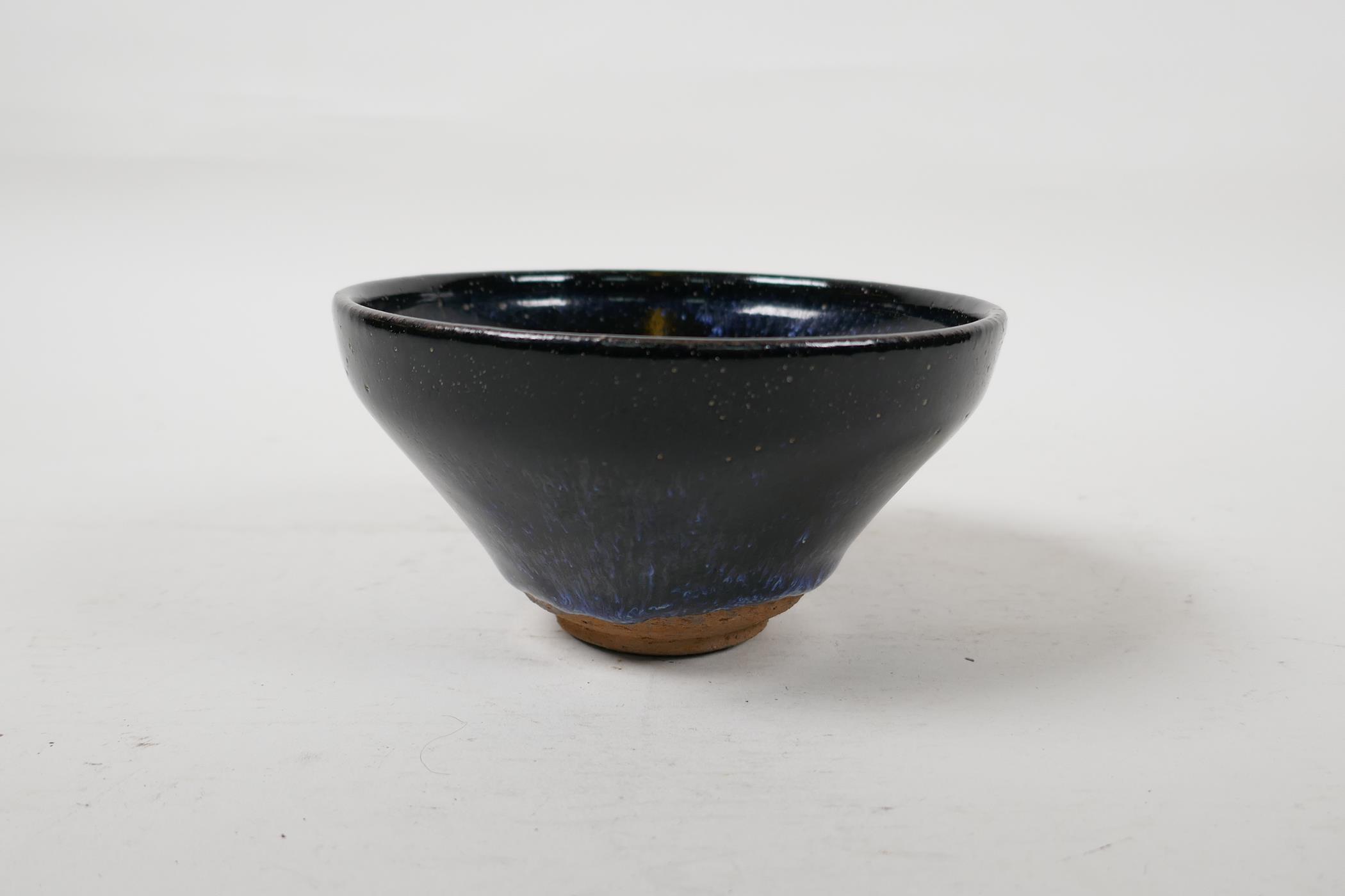 A Jian kiln pottery rice bowl with a black and blue glaze, Chinese, 5" diameter - Image 3 of 5