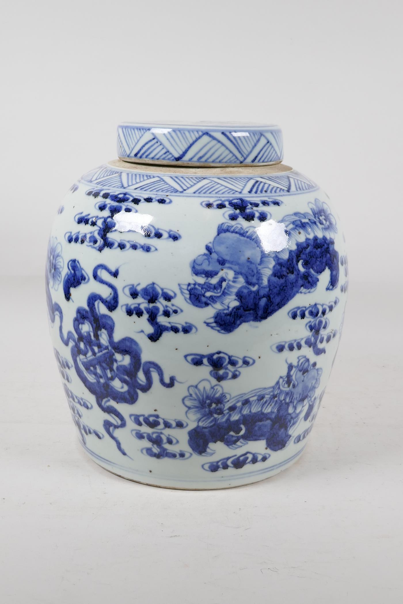 A Chinese blue and white porcelain ginger jar and cover decorated with fo dogs, 11" high - Image 2 of 7