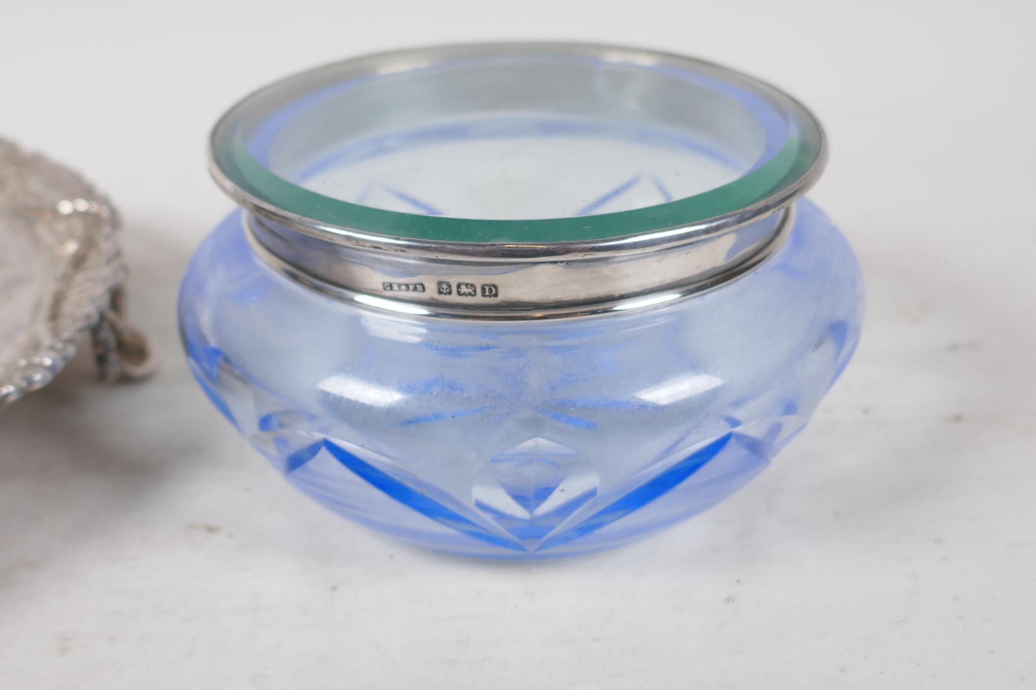 A blue glass dressing table jar with hallmarked silver rim, Birmingham 1928, and an early C20th - Image 2 of 6