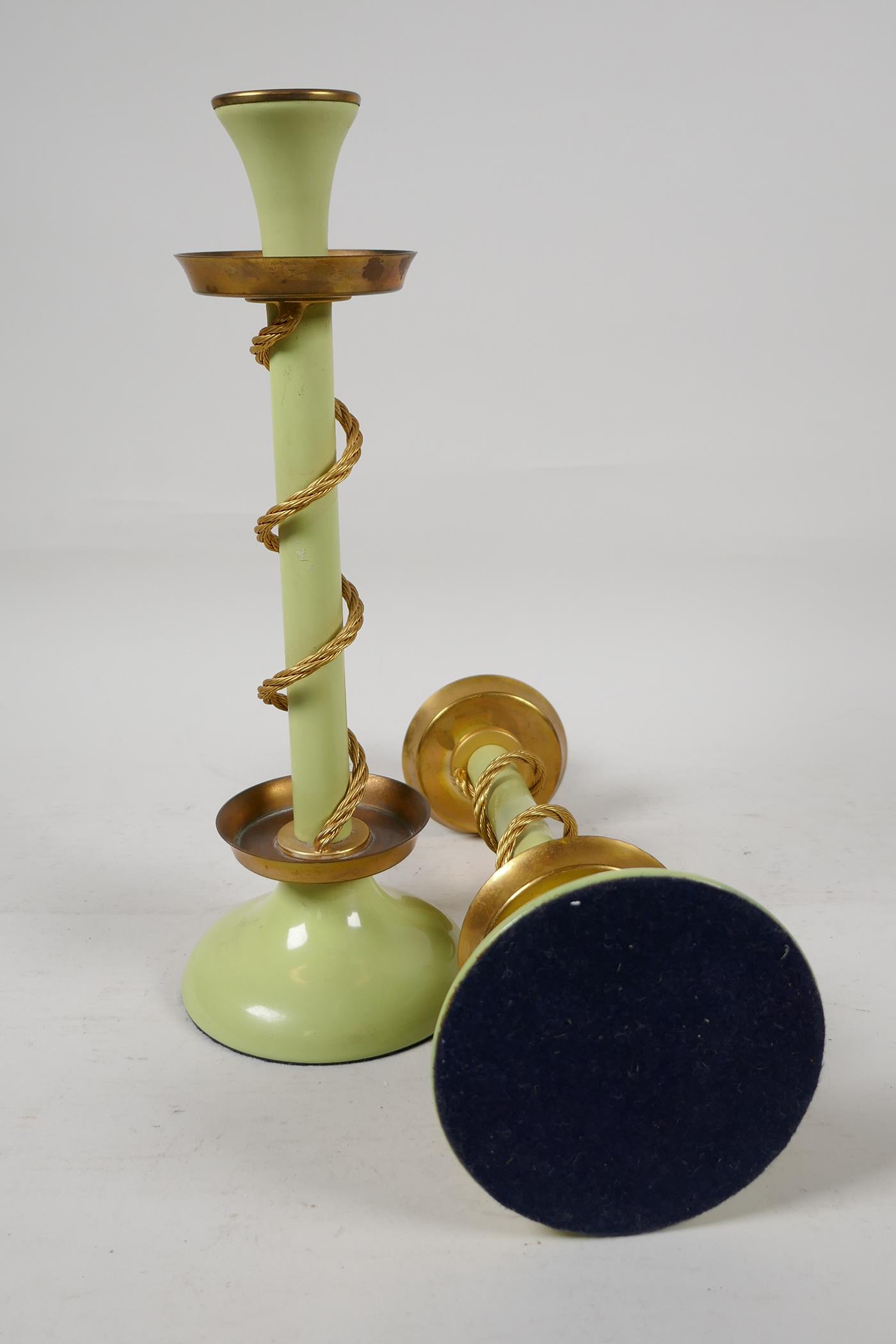 A pair of Bilston enamel candle sticks, the stem entwined with gilt metal ropework, 11½" high - Image 3 of 4