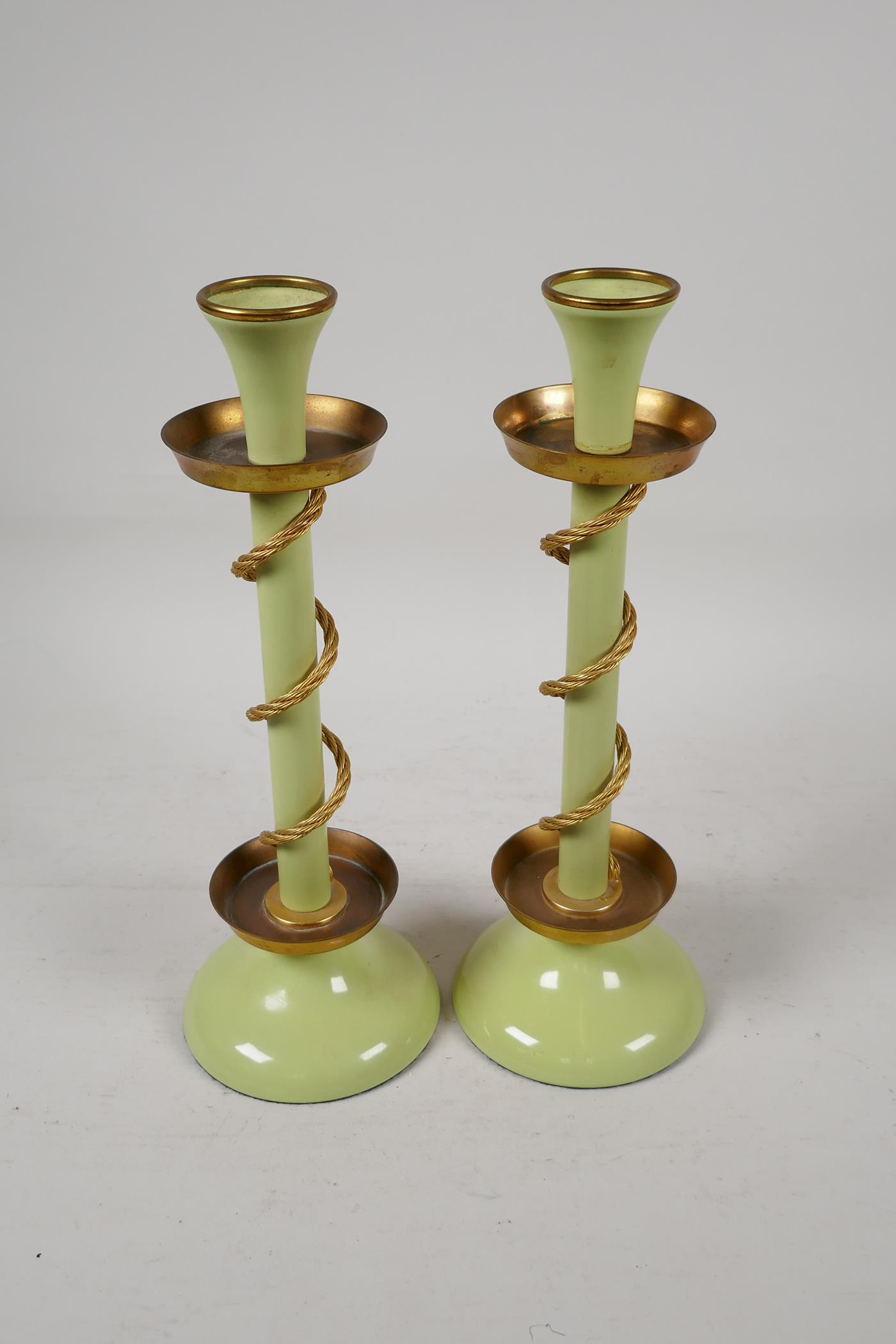 A pair of Bilston enamel candle sticks, the stem entwined with gilt metal ropework, 11½" high - Image 2 of 4