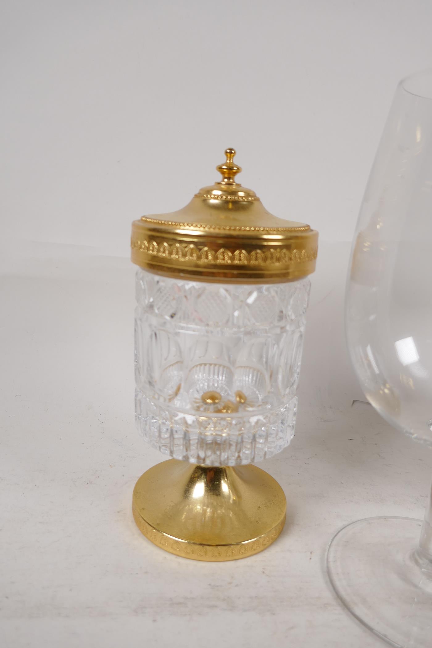 An Italian cut glass and gilt metal biscuit barrel, the cover with dolphin handle, 9" high, a - Image 3 of 3