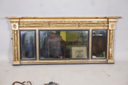 A Regency giltwood triple overmantel mirror, with ebonised reeded slips, 54" x 4½" x 23" high