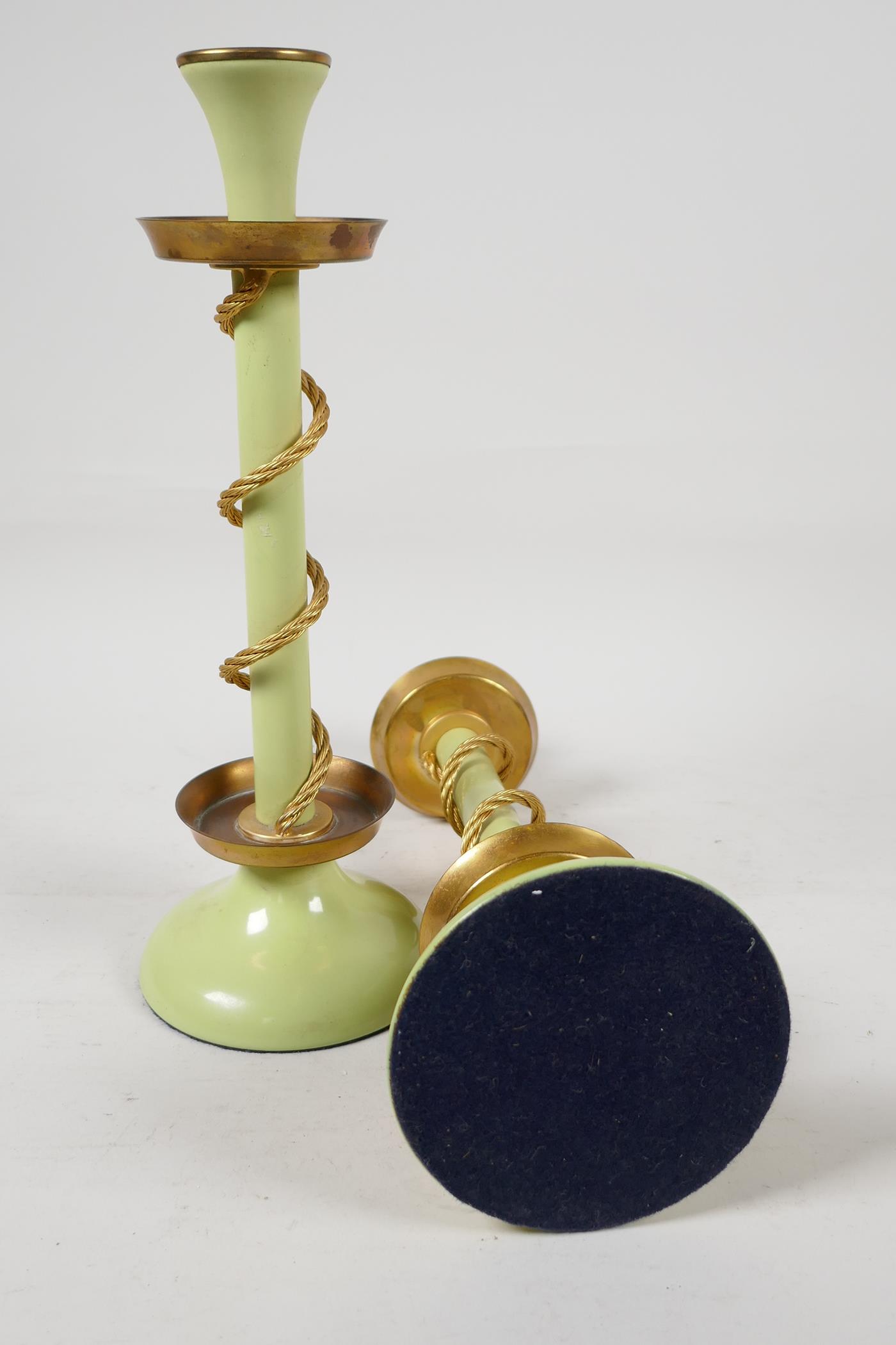 A pair of Bilston enamel candle sticks, the stem entwined with gilt metal ropework, 11½" high - Image 4 of 4