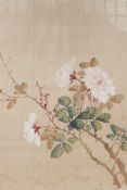 A Chinese painting on silk depicting a white rose, signed with a seal mark, 11" x 13½"