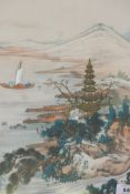 A Chinese painting on silk depicting a pagoda by a lake, early C20th, 16" x 13"