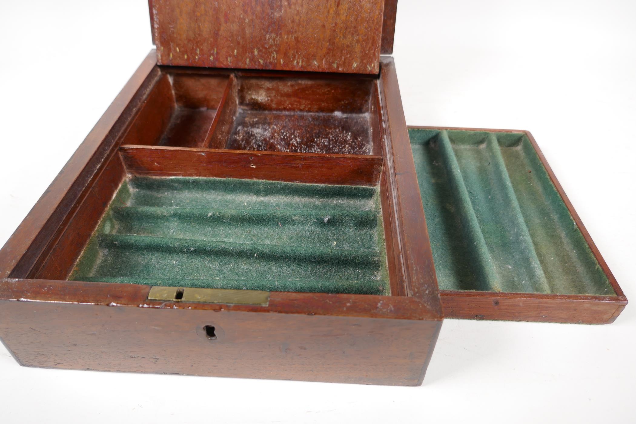 A C19th mahogany vanity box with mirror and fitted trays, 8" x 11" x 3" - Image 2 of 4