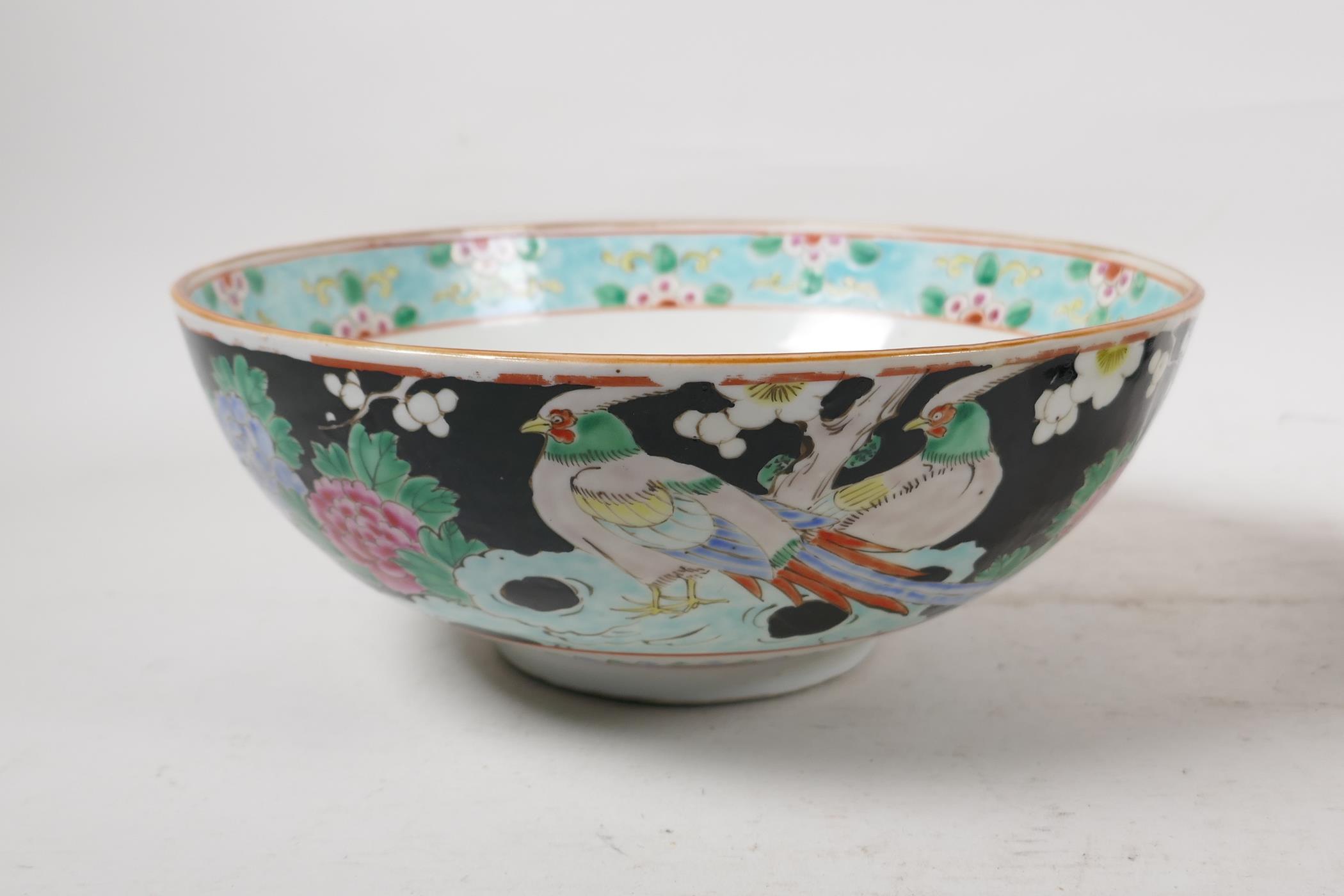 An oriental antique famille noir pottery brush pot decorated with birds and blossom, and a famille - Image 6 of 9