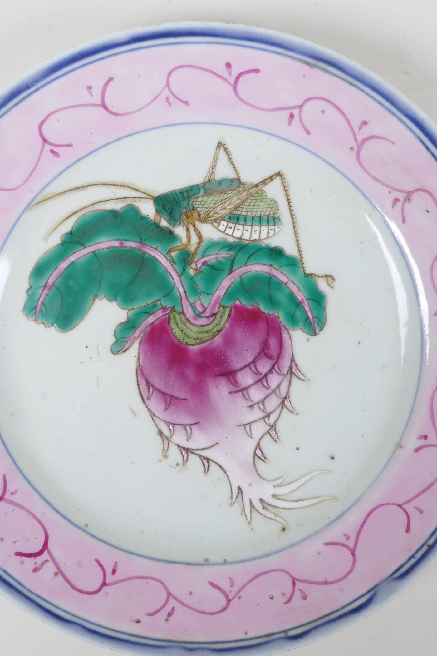 A late C19th/early C20th famille rose porcelain cabinet plate decorated with a radish and cricket, - Image 2 of 4