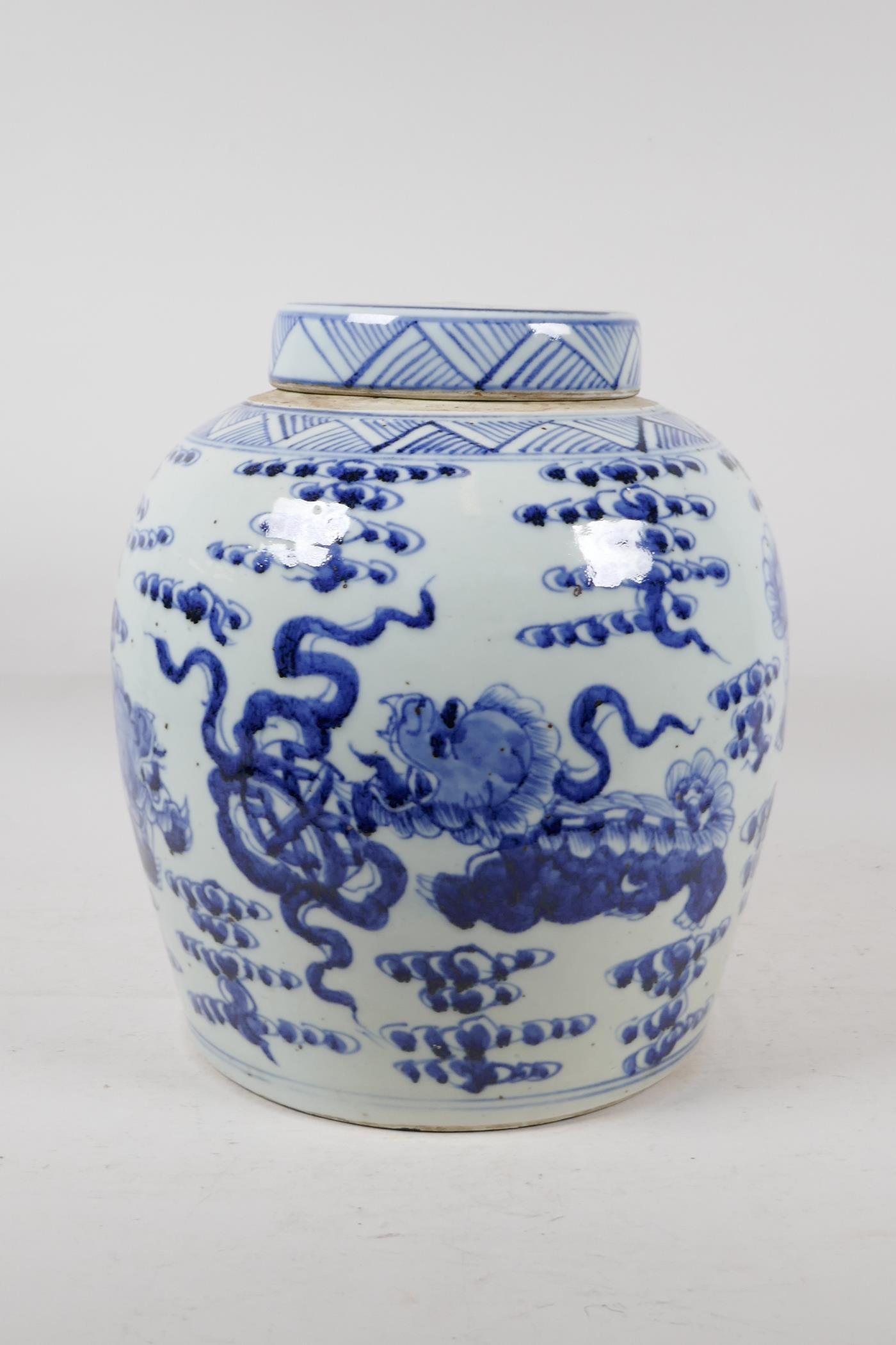 A Chinese blue and white porcelain ginger jar and cover decorated with fo dogs, 11" high - Image 4 of 7