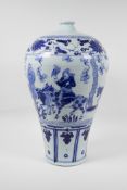 A Ming style blue and white porcelain meiping vase decorated with figures travelling on horseback,