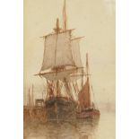 F.J. Aldridge, sailing vessels near a jetty, monogrammed, watercolour, 14" x 6"