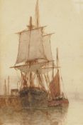 F.J. Aldridge, sailing vessels near a jetty, monogrammed, watercolour, 14" x 6"