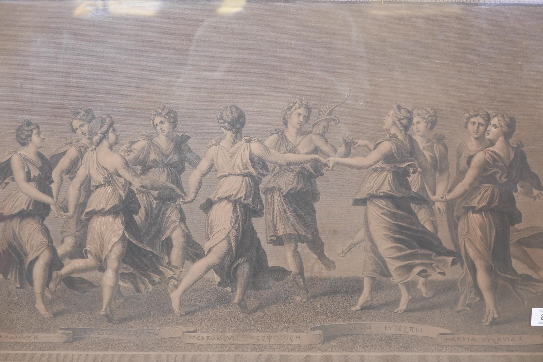 After Giulio Romano, Apollo dancing with the muses, an C18th/C19th French engraving, published by