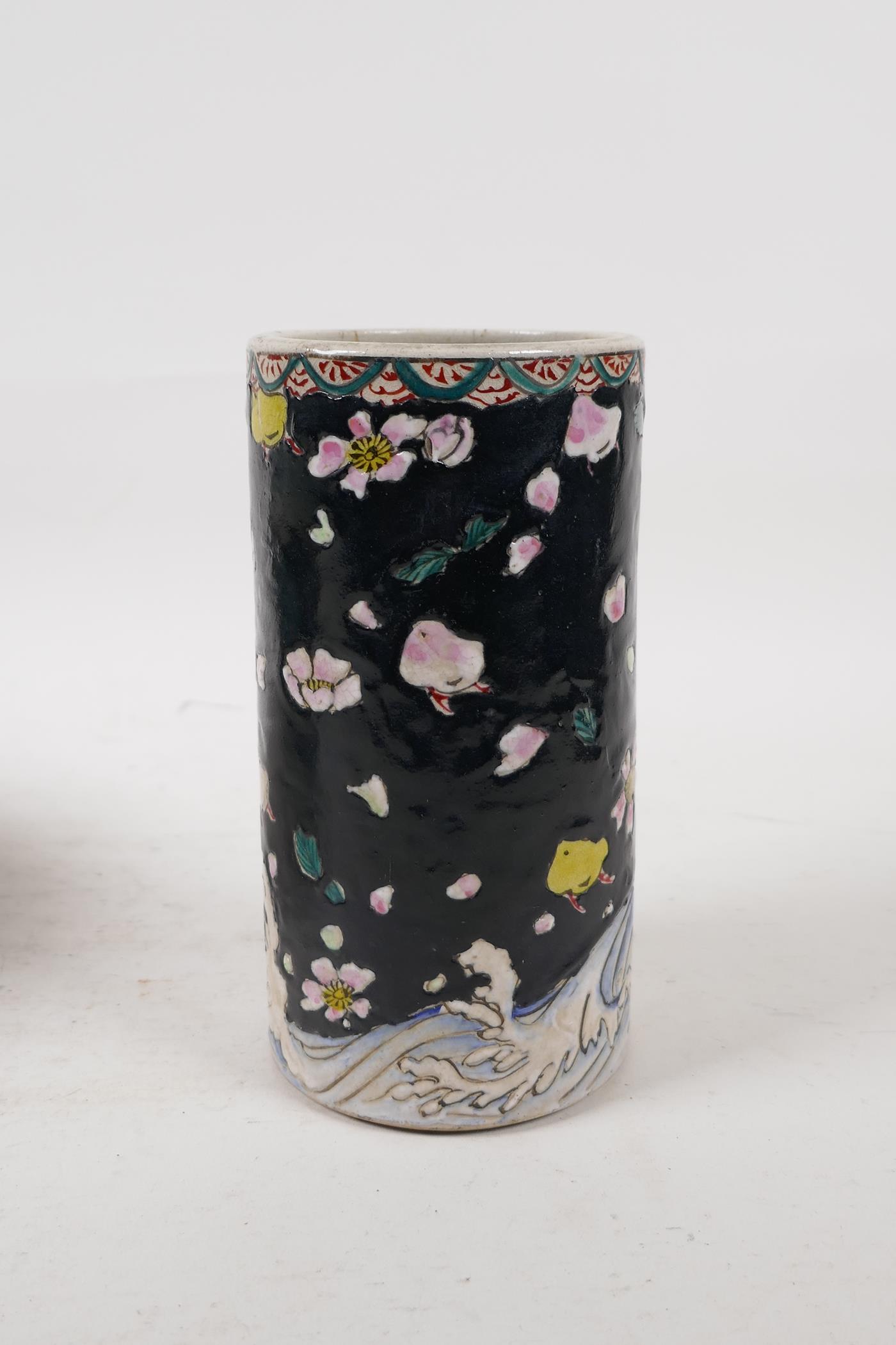 An oriental antique famille noir pottery brush pot decorated with birds and blossom, and a famille - Image 2 of 9