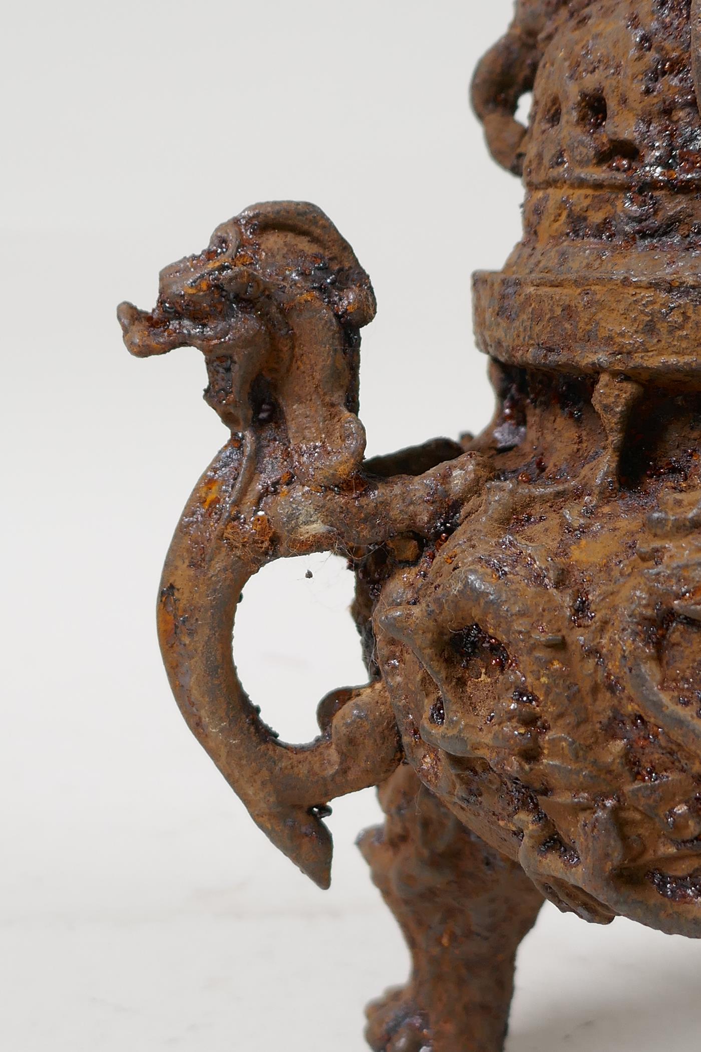 A Chinese iron censer and cover with two dragon handles, tripod dragon mask supports and a kylin - Image 3 of 7