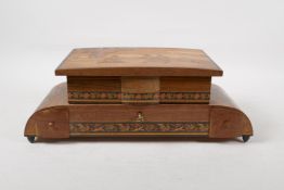 A Sorrento ware musical jewellery box, the marquetry cover decorated with a view across the Bay of