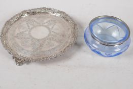 A blue glass dressing table jar with hallmarked silver rim, Birmingham 1928, and an early C20th