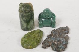 A Chinese carved hardstone seal blank topped with a tortoise, 3" long, and two carved hardstone