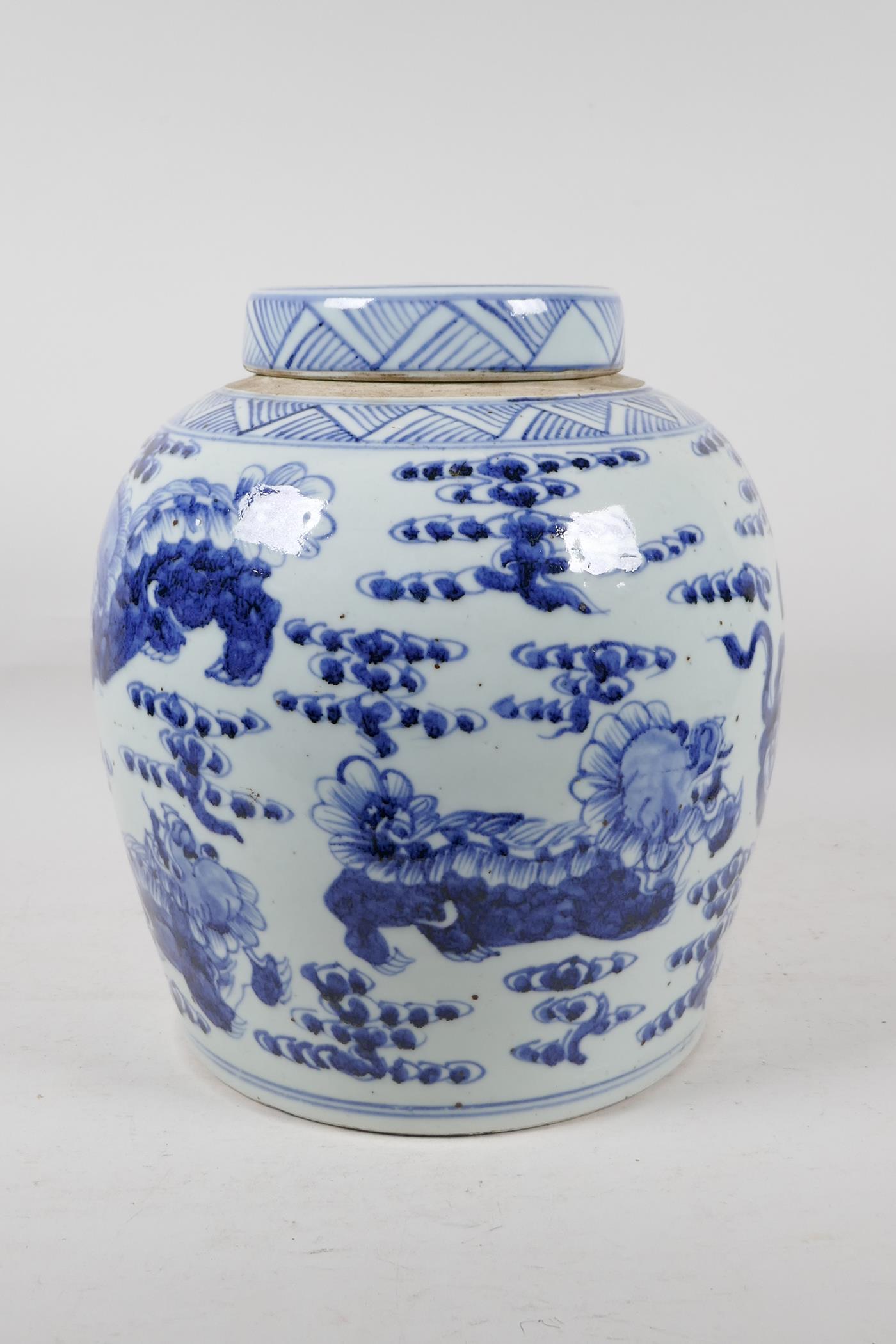 A Chinese blue and white porcelain ginger jar and cover decorated with fo dogs, 11" high - Image 3 of 7