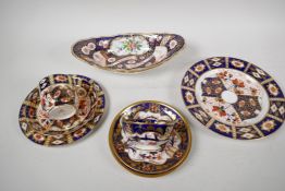 Two Derby Japan pattern porcelain trios, a plate 8", and an oval bowl