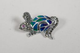 A 925 silver and plique a jour brooch in the form of a mouse, set with marcasite, 1½" long