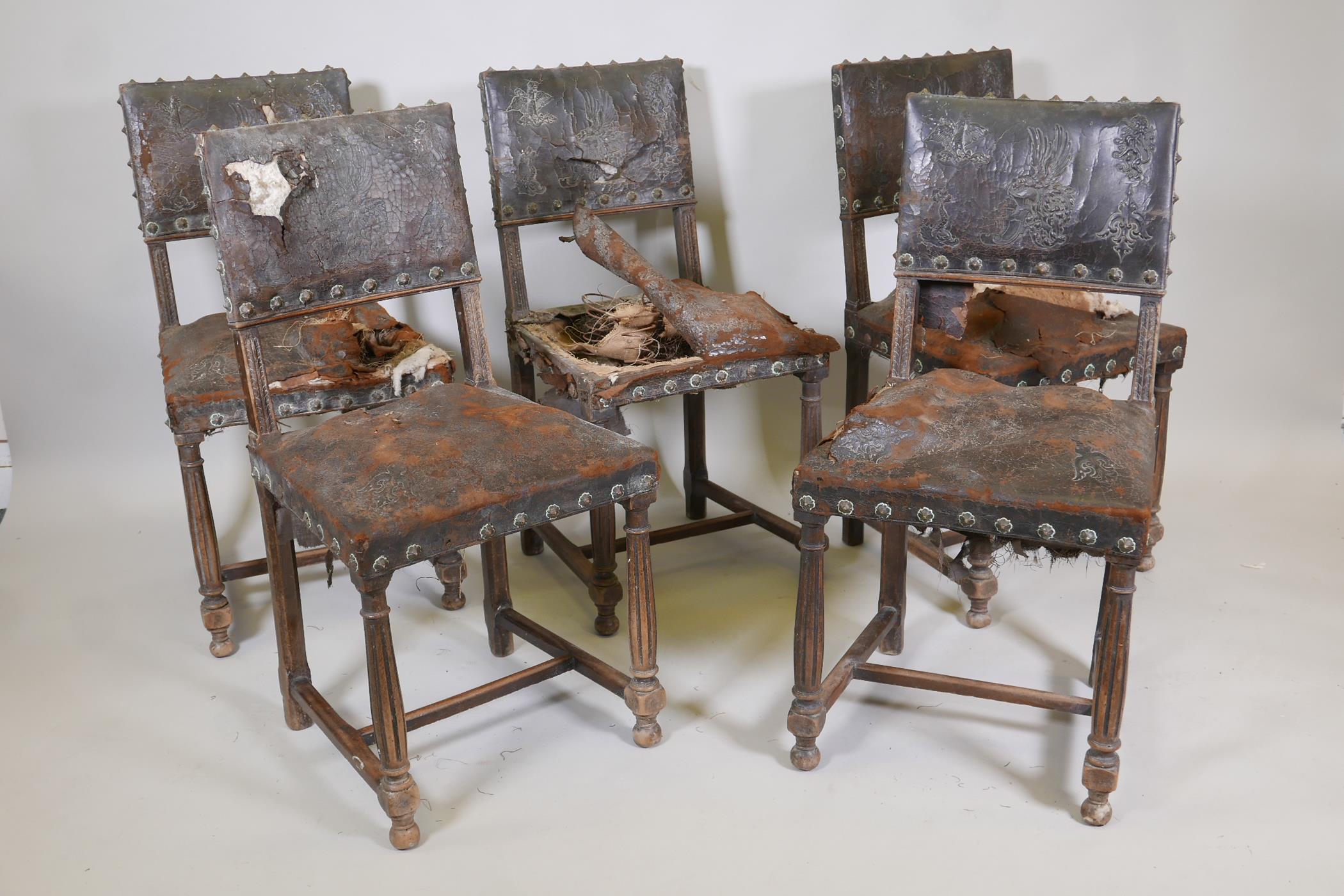 Five C19th French leather back chairs, with fluted legs, A/F for restoration, 34" high