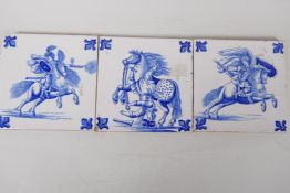 A set of three blue and white Delft style tiles depicting Ottoman warriors on horseback, 6" square